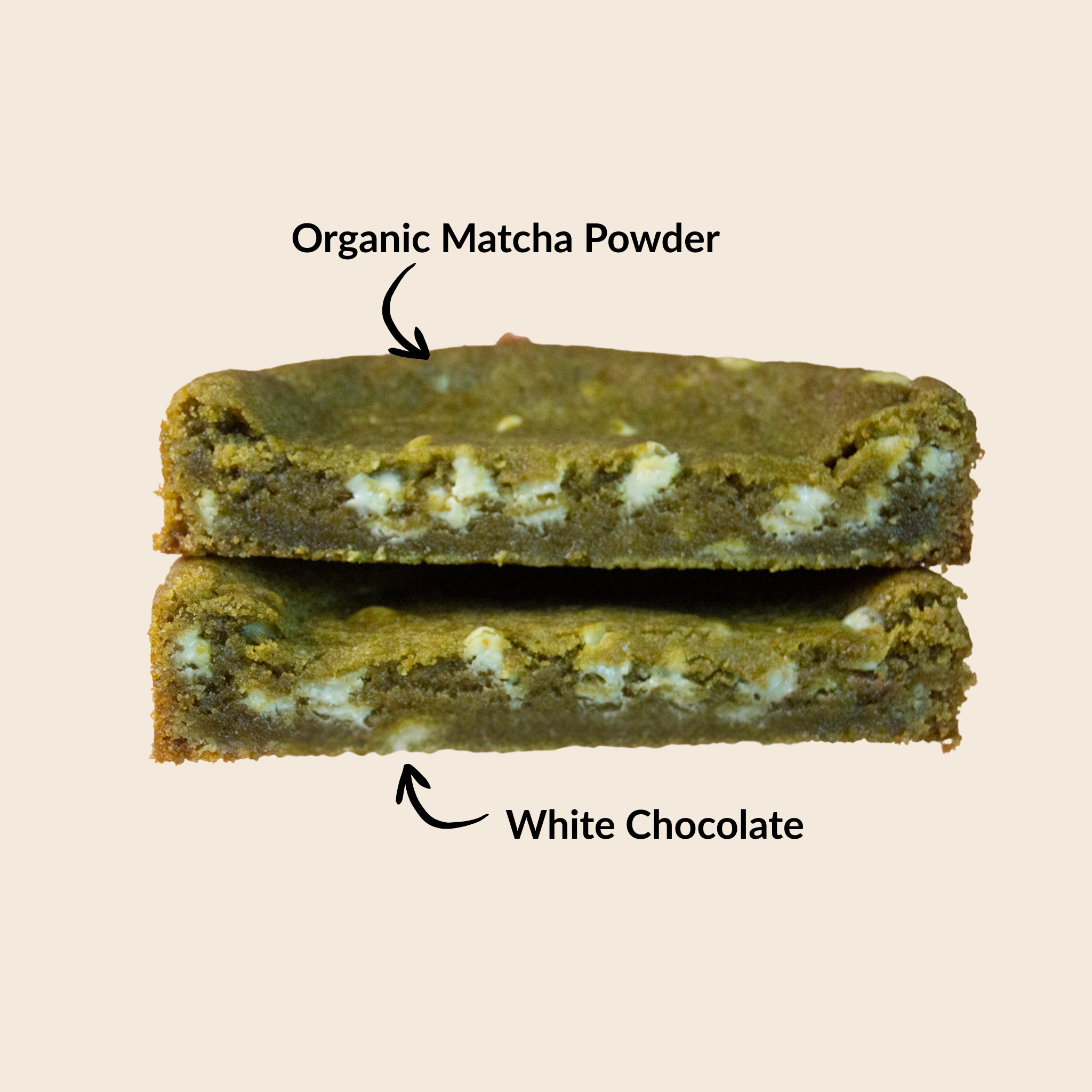 Matcha cookie cross section with white chocolate chips on a beige background, labeled 'Organic Matcha Powder' and 'White Chocolate'.