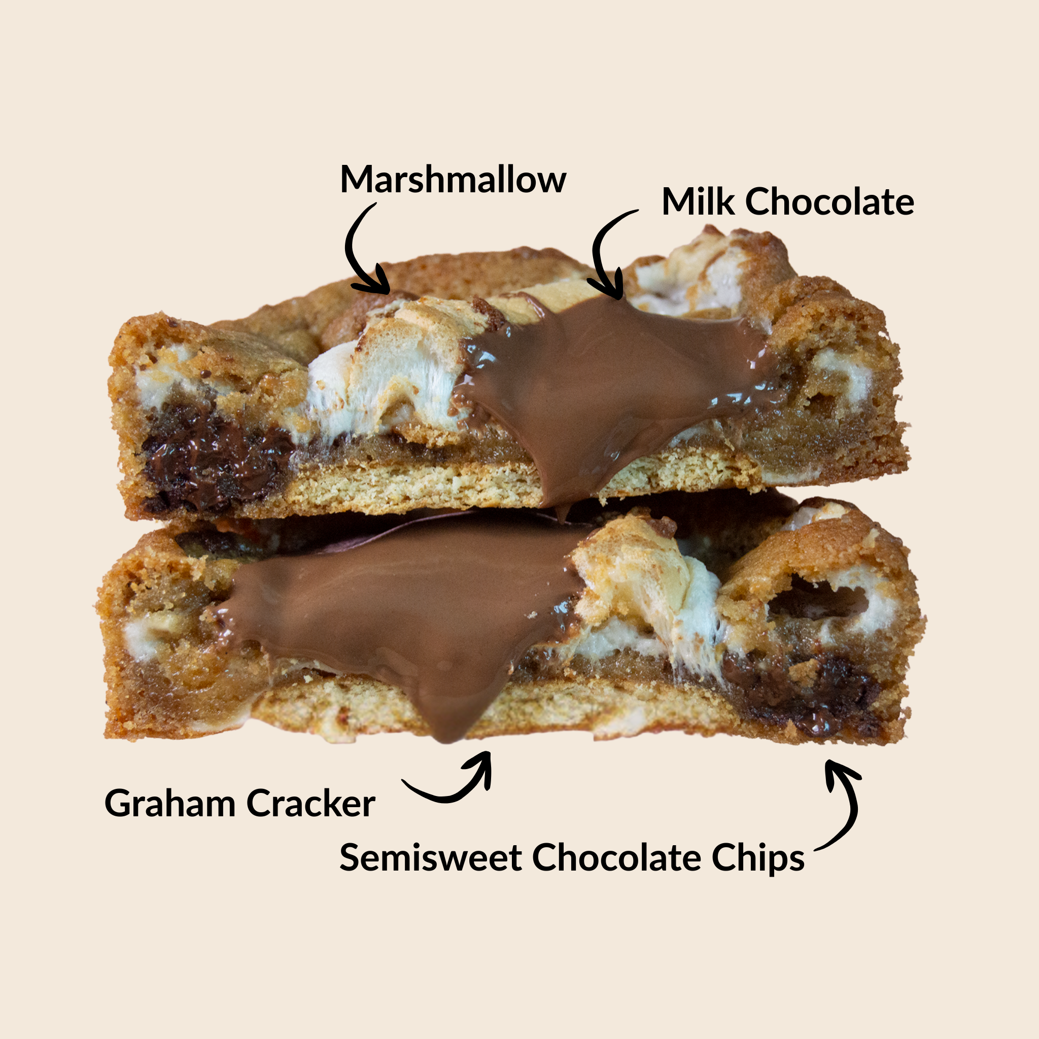 Cross-section of a dessert bar with labeled ingredients on a beige background